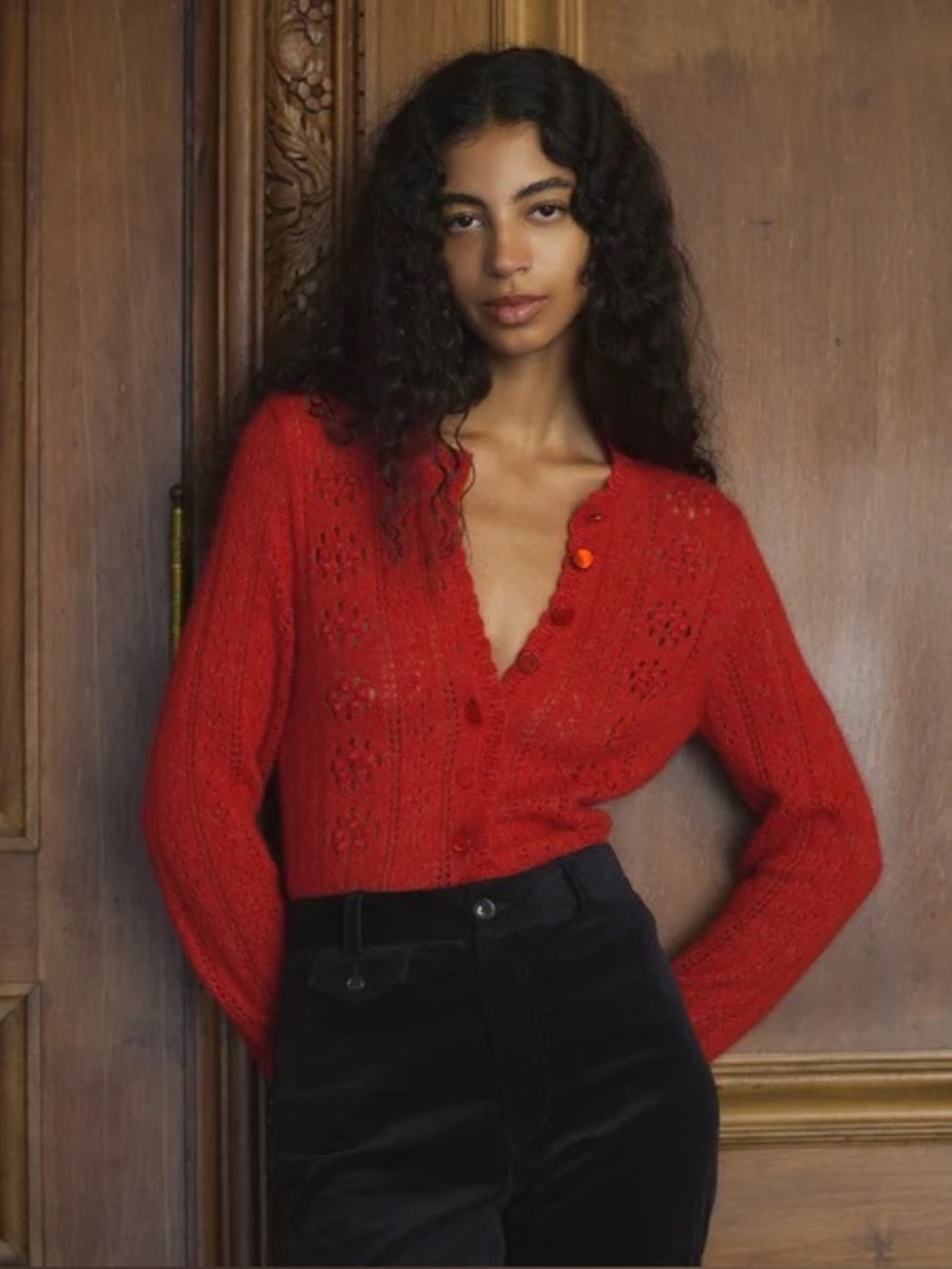 NWT Doen Colette Alpaca Wool Pointelle Button Knit Cardigan Sweater Cerise Red